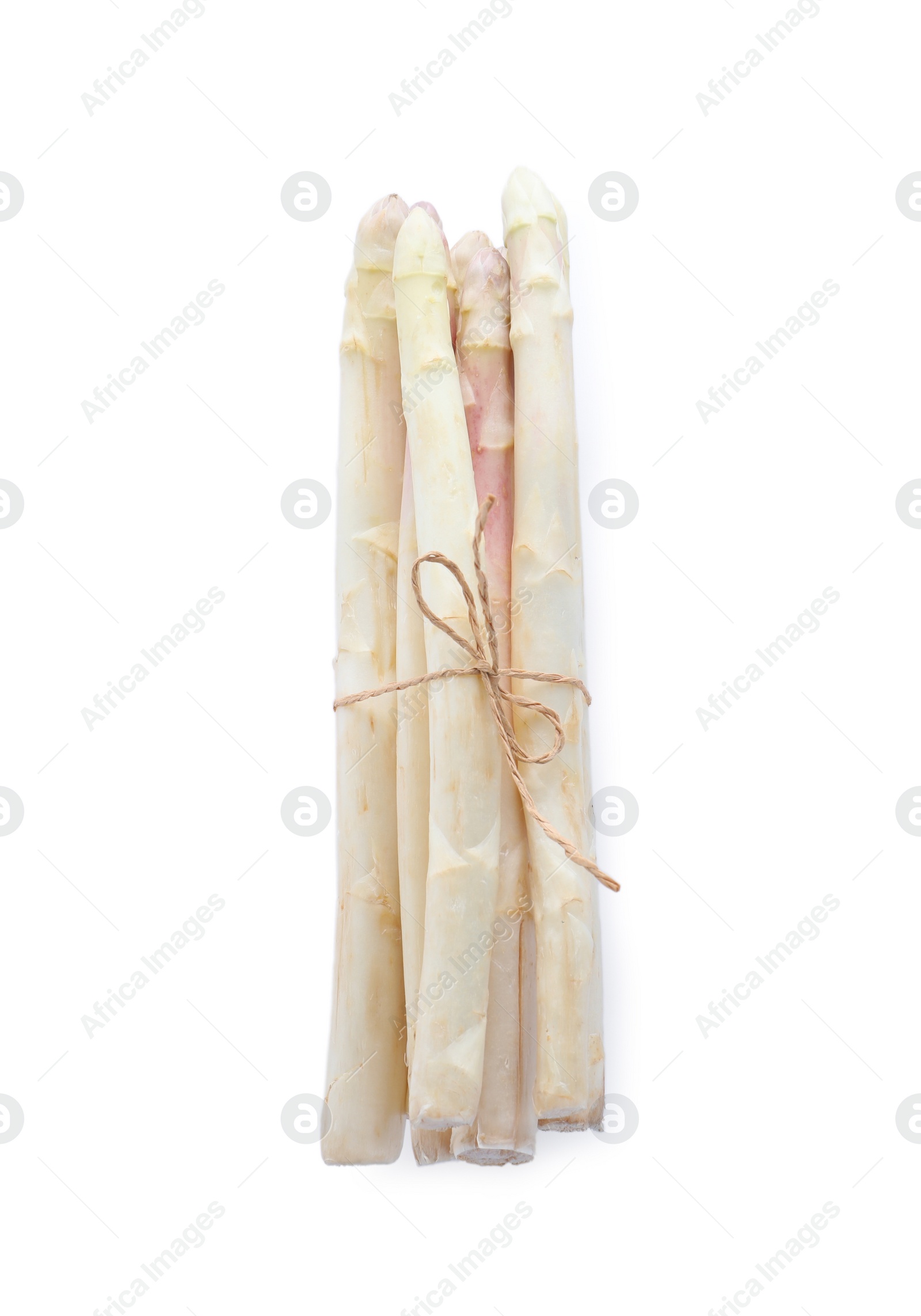 Photo of Bunch of fresh raw asparagus isolated on white, top view