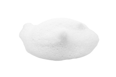 Photo of Drop of fluffy soap foam on white background