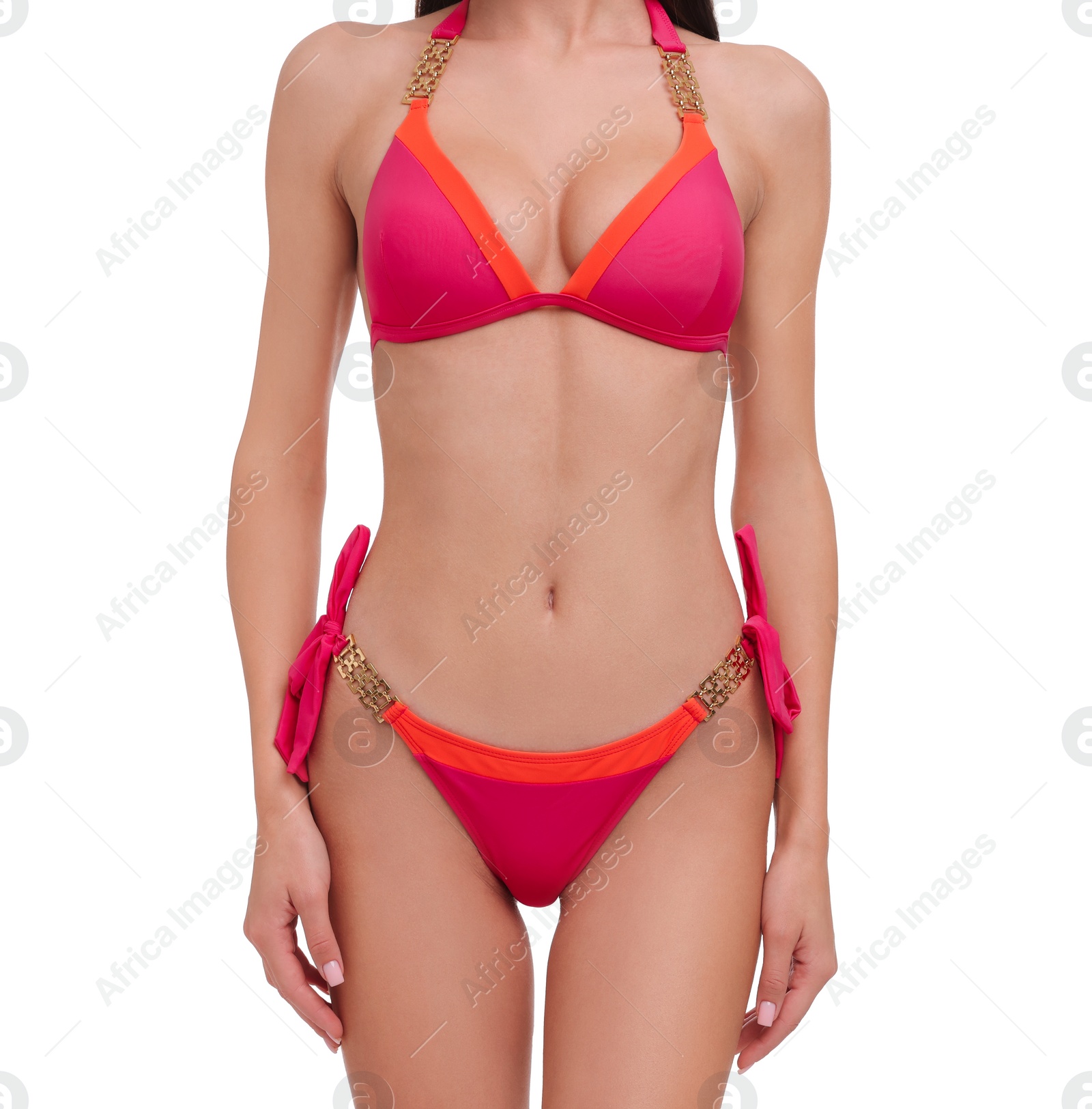 Photo of Young woman in stylish bikini isolated on white, closeup