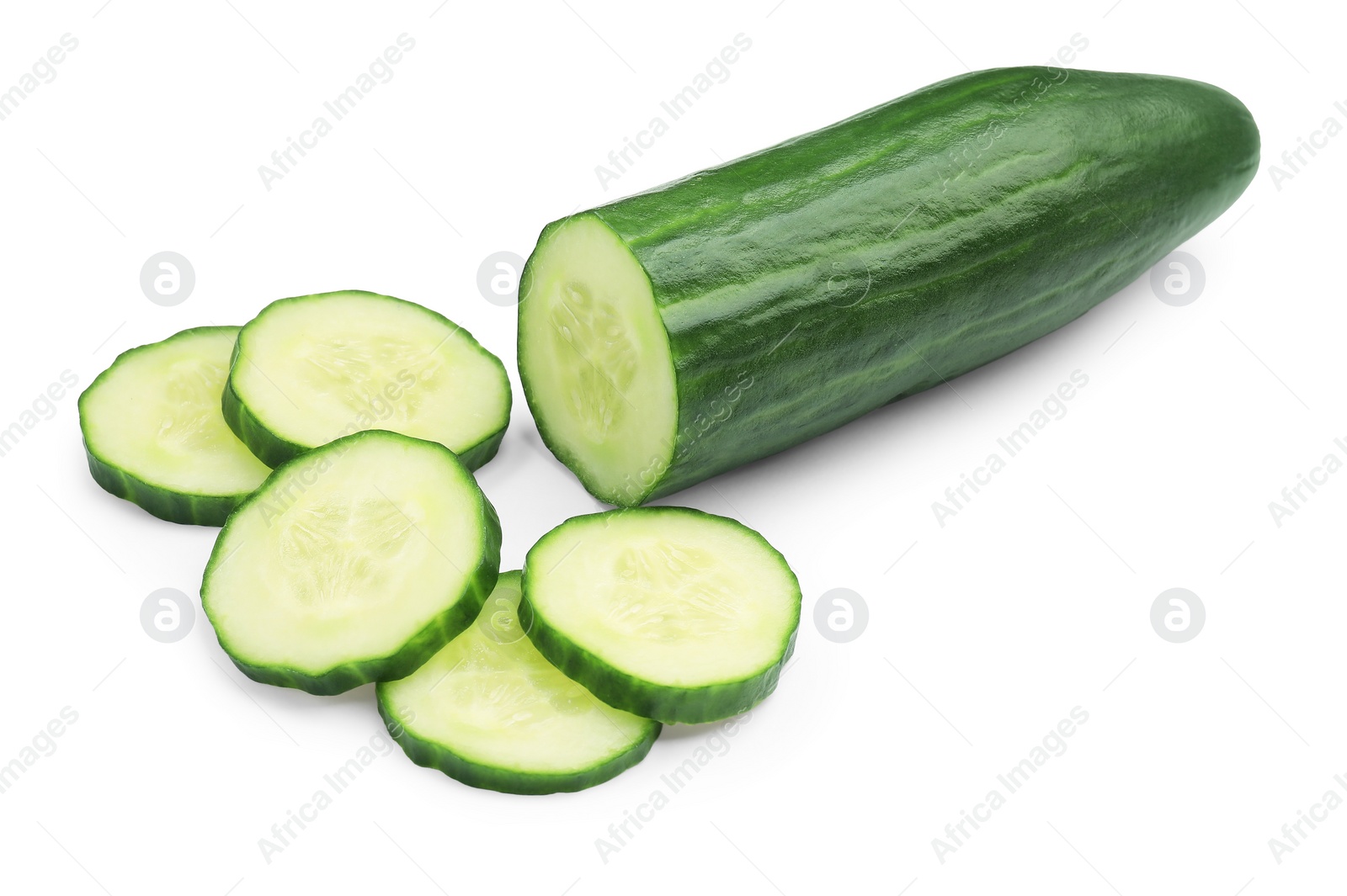 Photo of Cut ripe long cucumber isolated on white