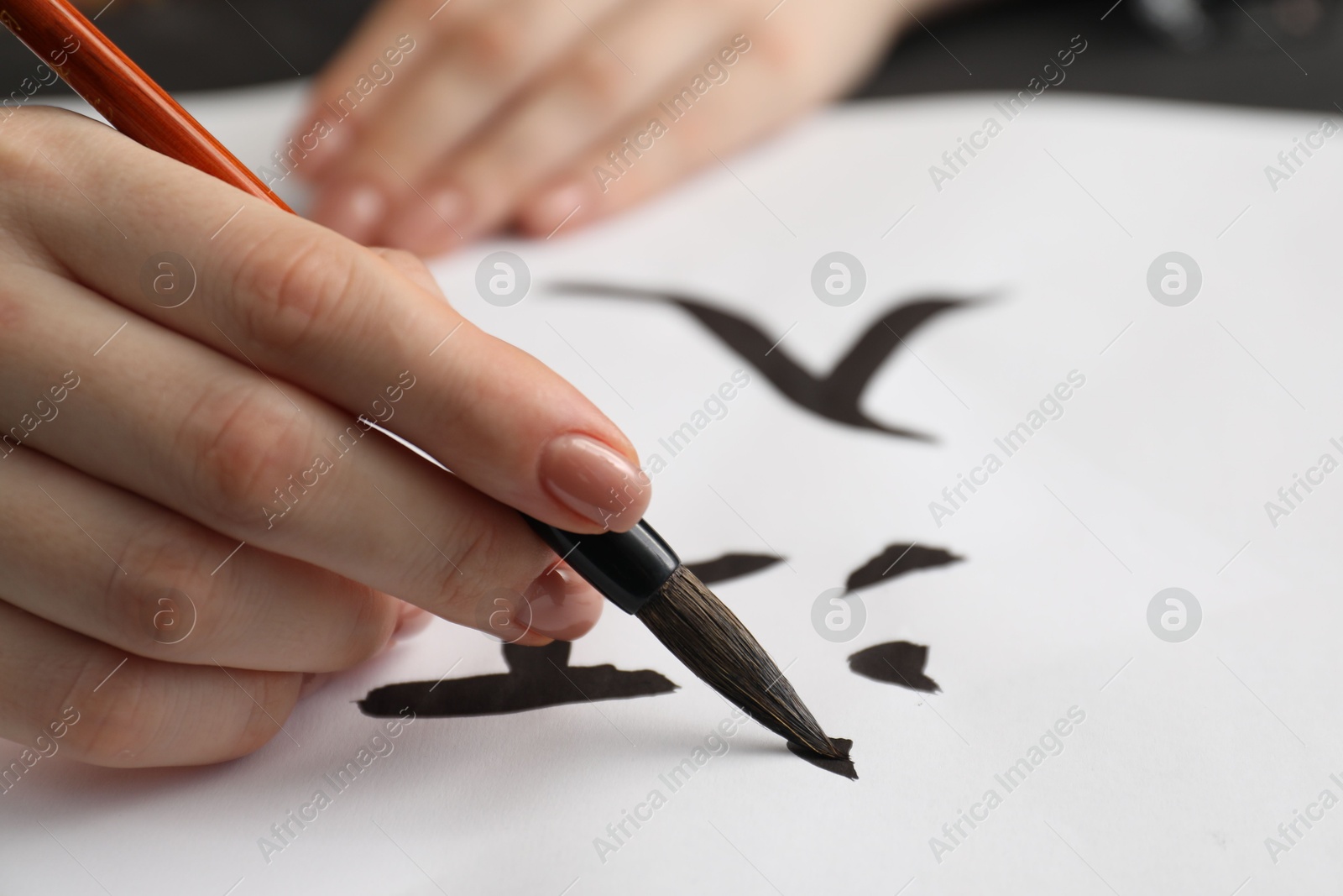 Photo of Calligraphy. Woman with brush writing hieroglyphs on paper at table, closeup