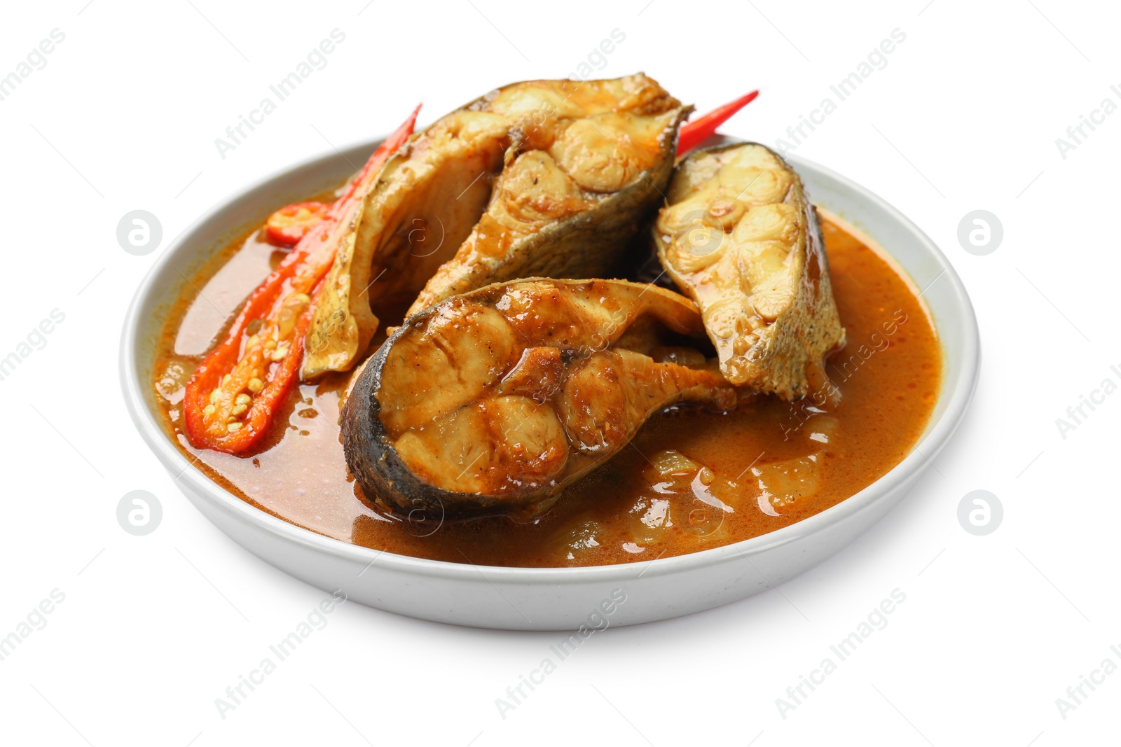 Photo of Tasty fish curry on white background. Indian cuisine