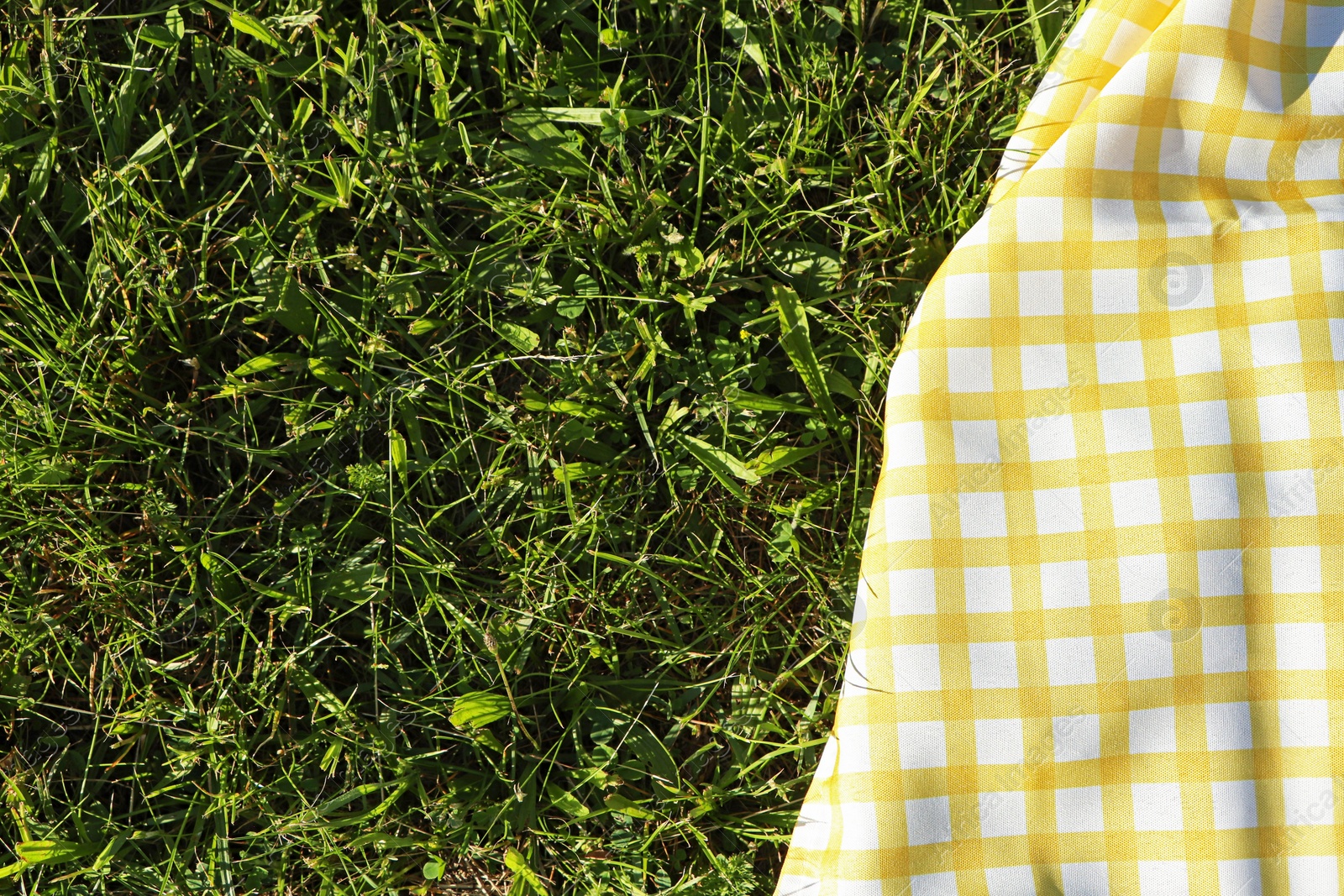 Photo of Checkered picnic tablecloth on fresh green grass, top view. Space for text