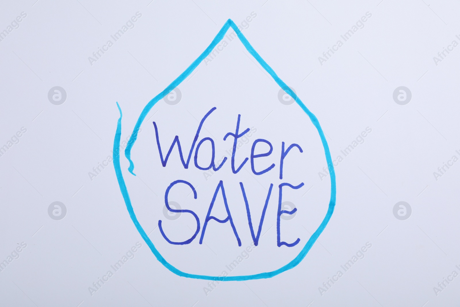 Photo of Drop with words Save Water on white background, top view