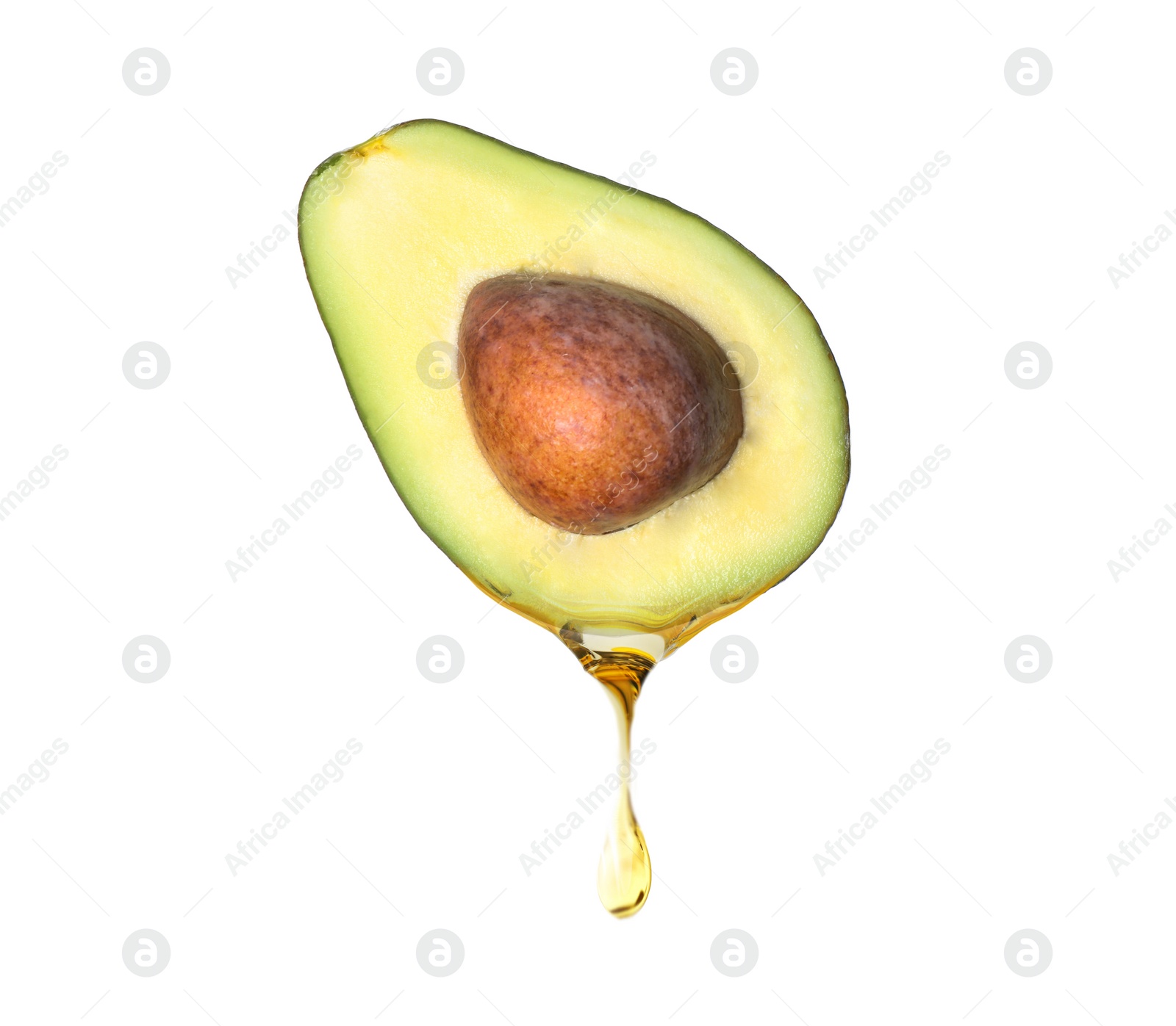 Image of Fresh avocado with dripping oil on white background