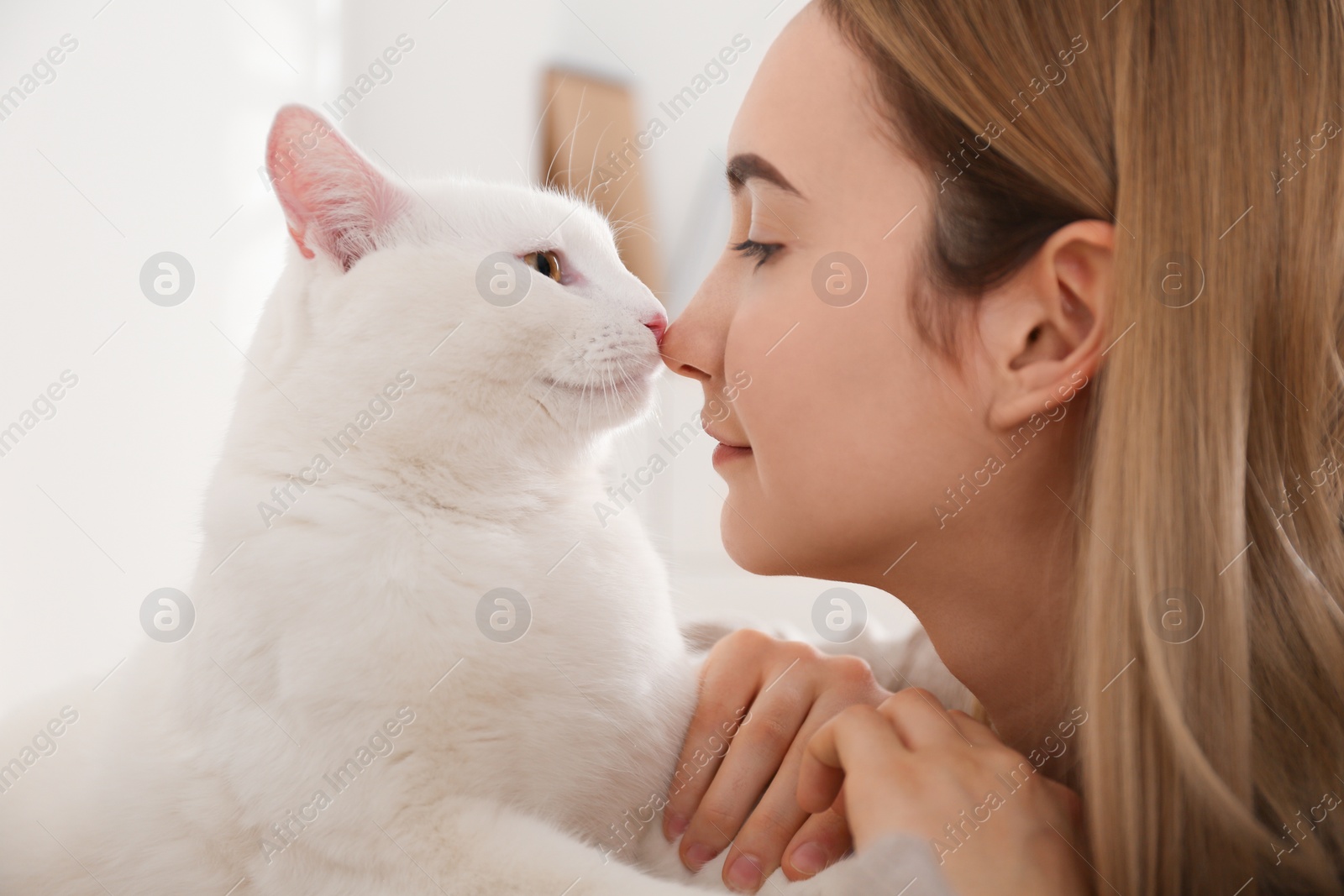 Photo of Young woman with her beautiful white cat at home. Fluffy pet