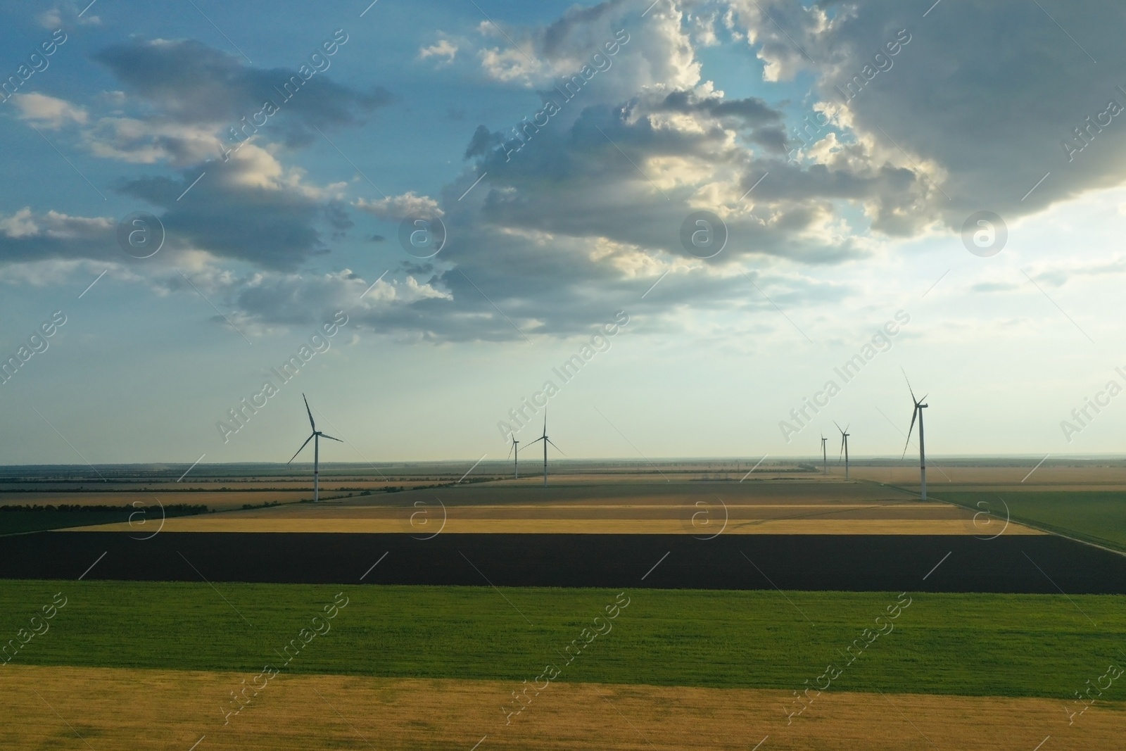 Image of Aerial view on modern wind turbines. Alternative energy source