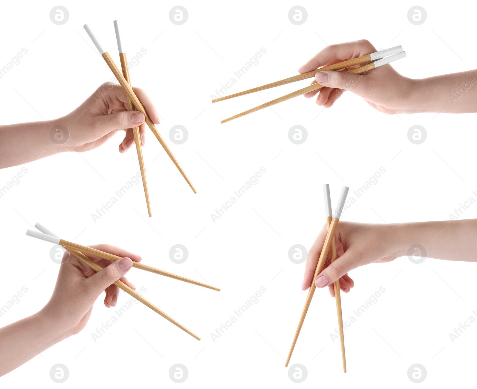 Image of Woman holding chopsticks isolated on white, closeup. Collage with photos