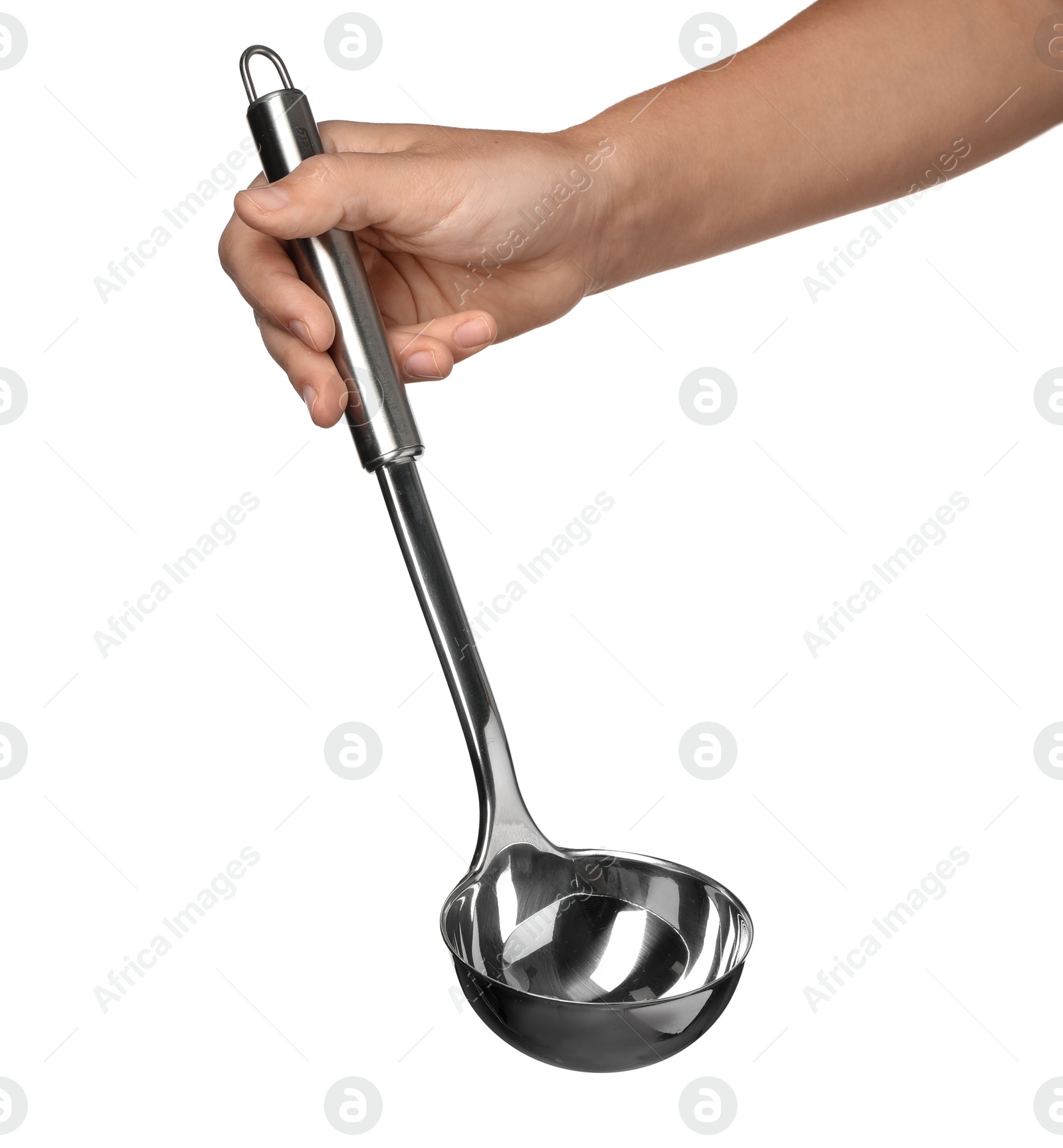 Photo of Woman holding soup ladle on white background. Kitchen utensils