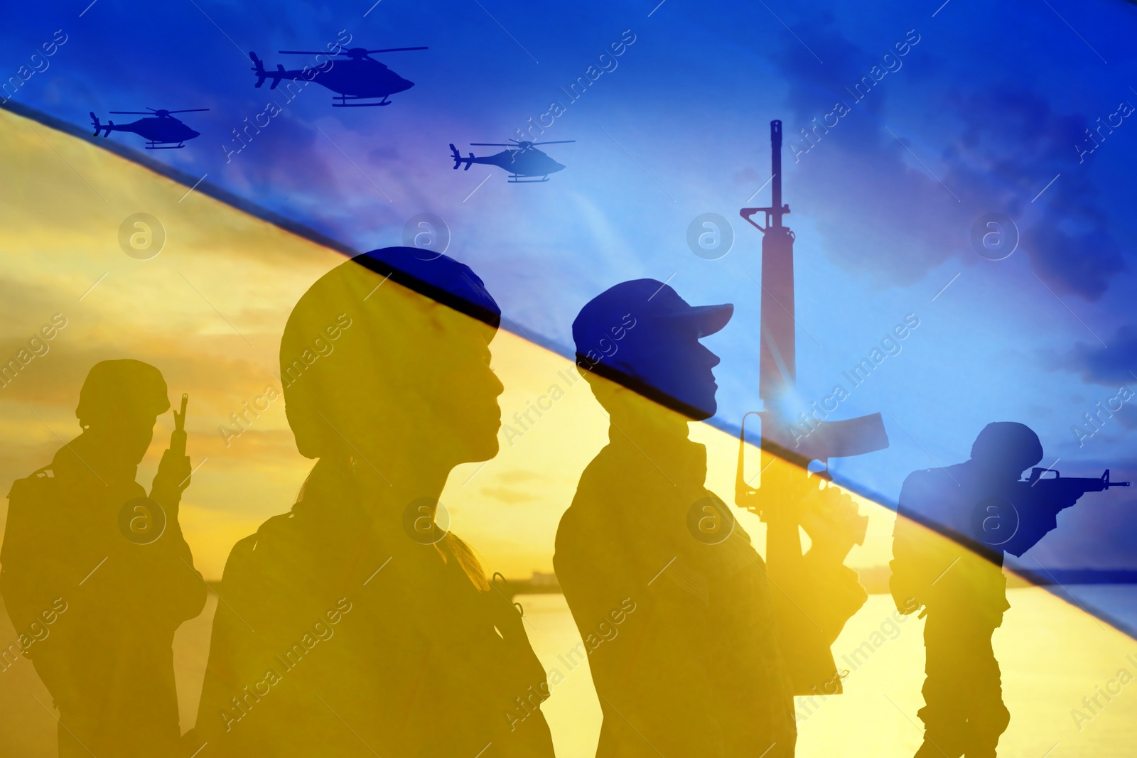 Image of Silhouettes of soldiers and Ukrainian national flag, double exposure