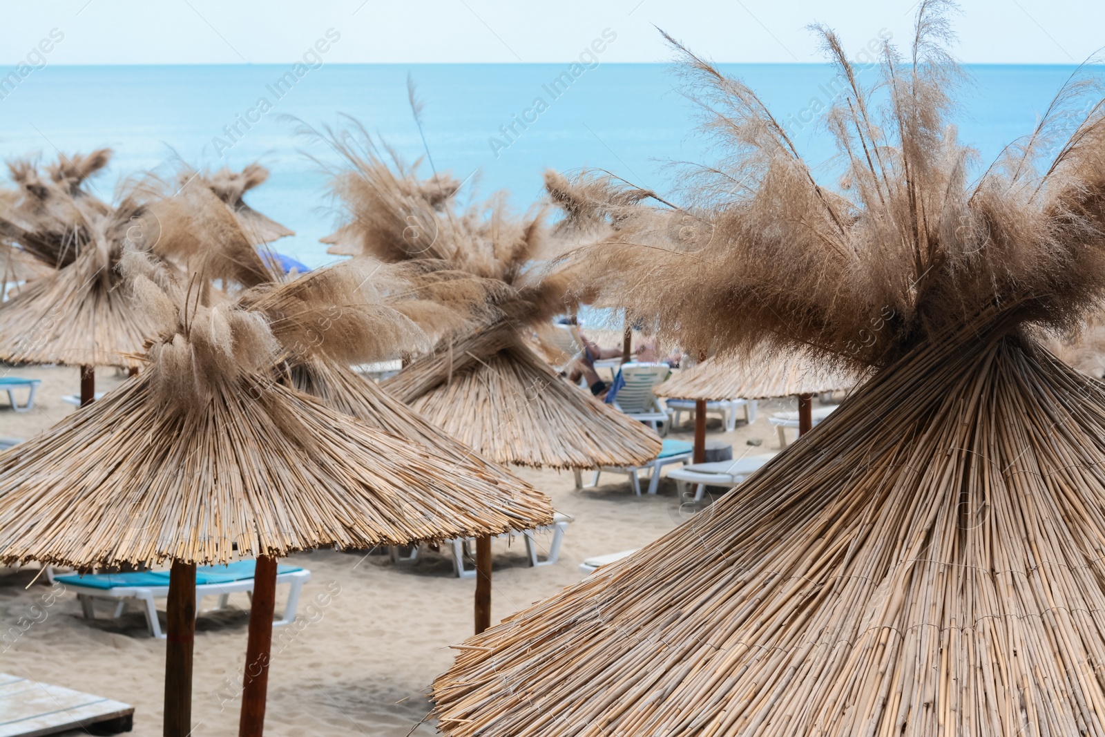 Photo of Beautiful straw umbrellas and sunbeds on beach near sea