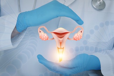 Doctor holding virtual image of uterus, closeup