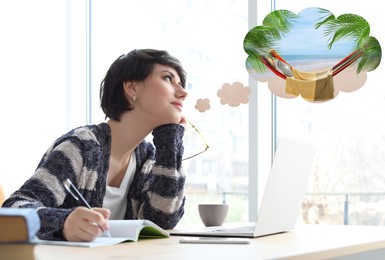 Young woman dreaming about vacation at table in office