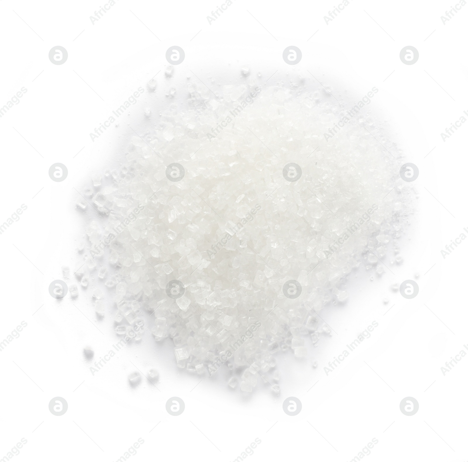 Photo of Pile of granulated sugar isolated on white, top view