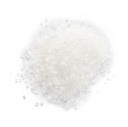 Pile of granulated sugar isolated on white, top view