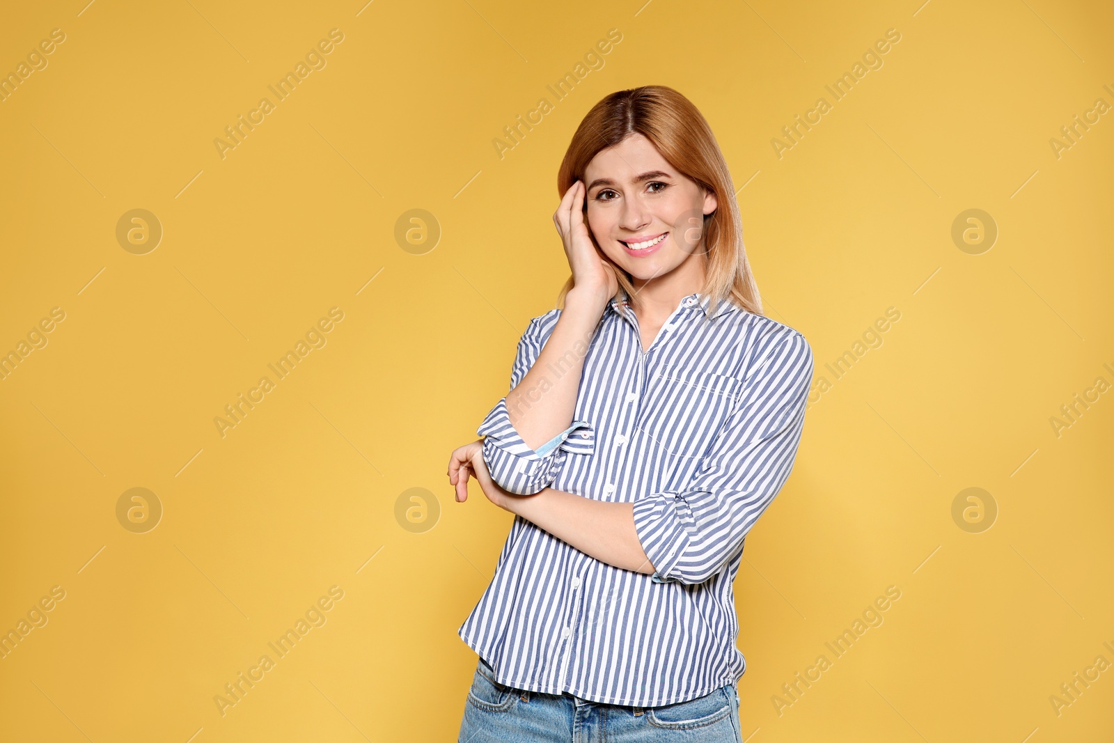 Photo of Portrait of beautiful woman on color background. Space for text