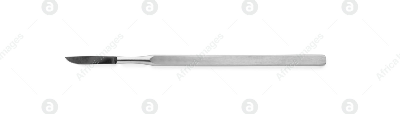 Photo of Stainless steel surgical scalpel isolated on white, top view. Dentist's tool