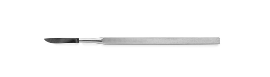 Photo of Stainless steel surgical scalpel isolated on white, top view. Dentist's tool