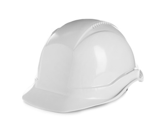 Photo of Protective hard hat on white background. Safety equipment