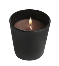 Aromatic burning candle in black holder isolated on white