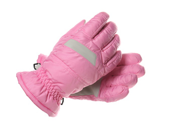 Woman wearing pink ski gloves on white background, closeup. Winter sports clothes