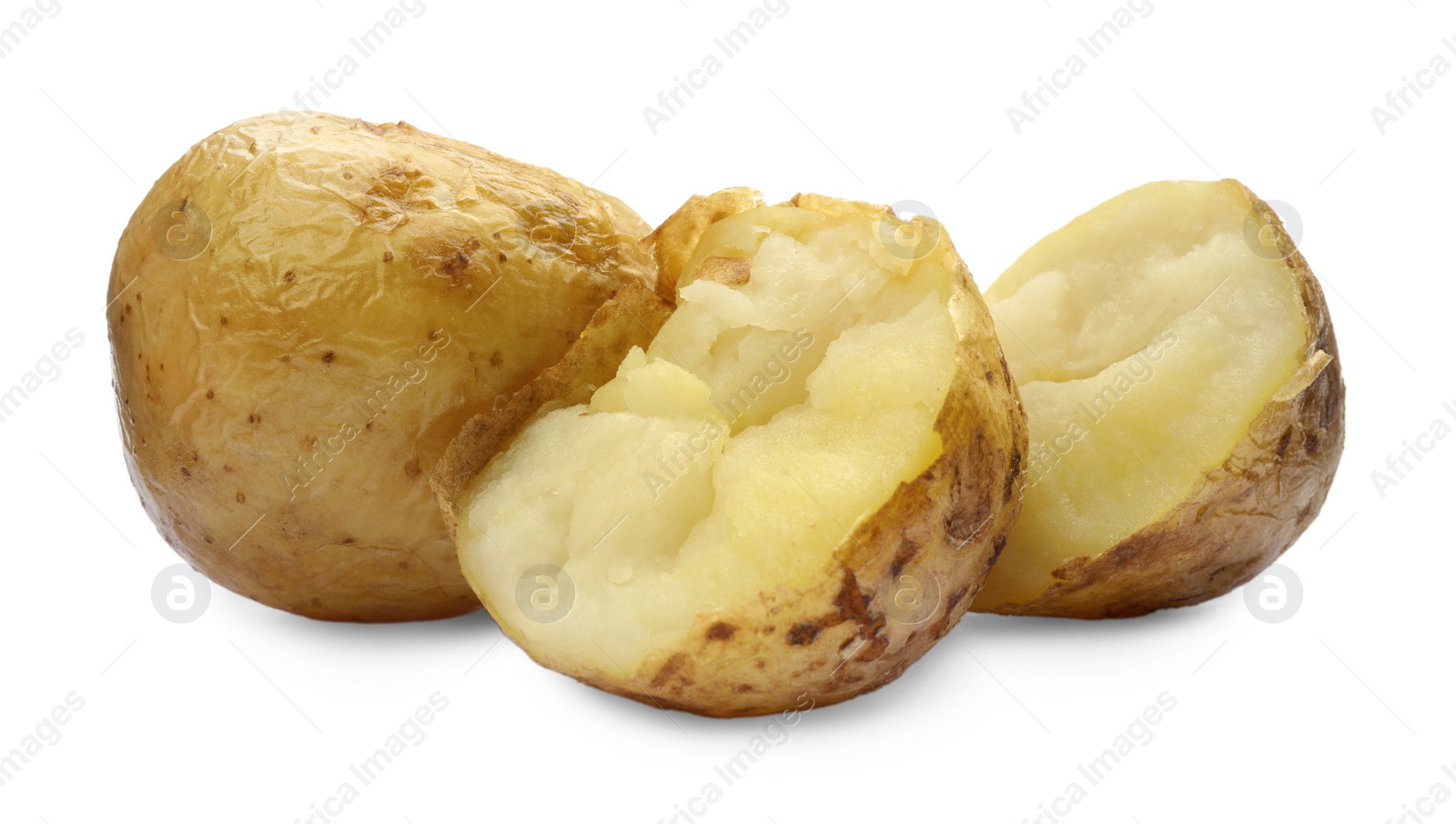 Photo of Tasty pieces of baked potatoes on white background