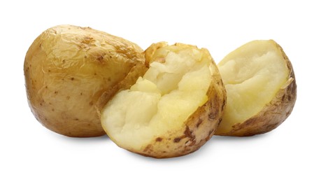 Tasty pieces of baked potatoes on white background