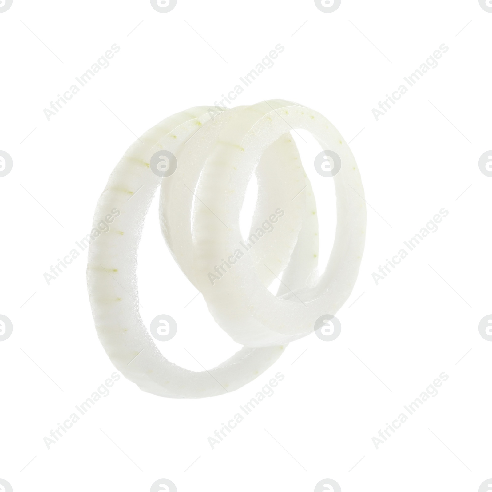 Photo of Fresh raw onion rings on white background