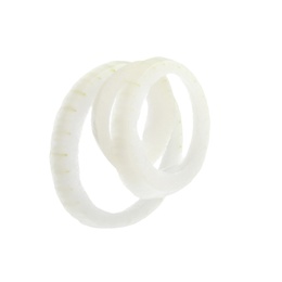 Photo of Fresh raw onion rings on white background