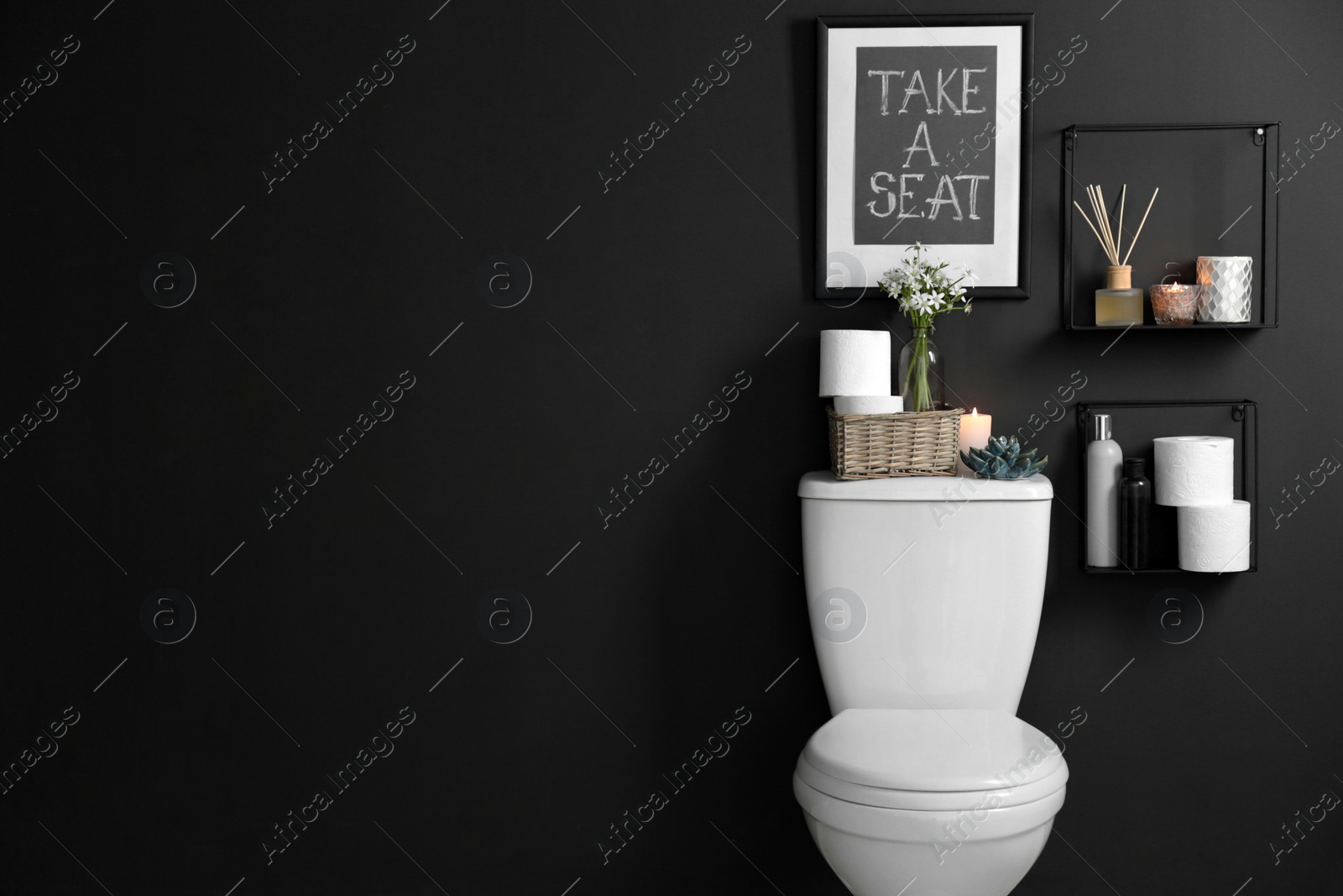 Photo of Decor elements, necessities and toilet bowl near black wall, space for text. Bathroom interior