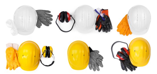 Image of Safety equipment, collection. Hard hats, gloves, protective headphones and goggles isolated on white, top view