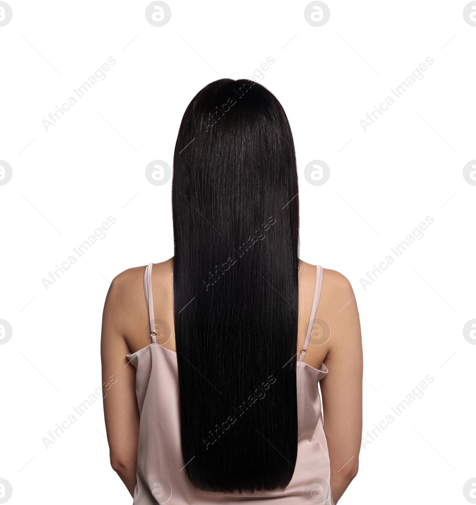 Photo of Woman with strong healthy hair on white background, back view