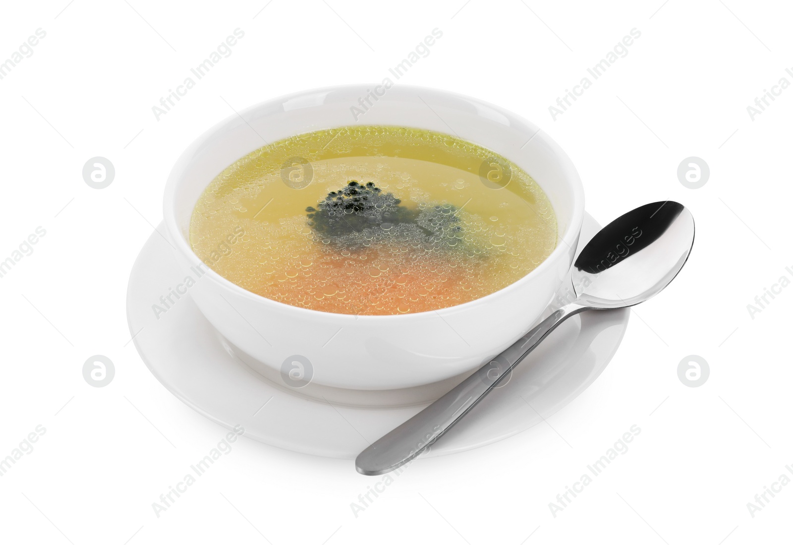 Photo of Tasty soup in bowl isolated on white