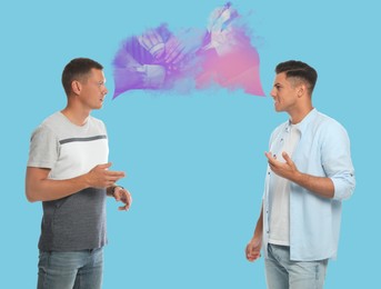 Image of Men talking about partnership on light blue background. Dialogue illustration. Speech bubbles with photo of people holding hands together