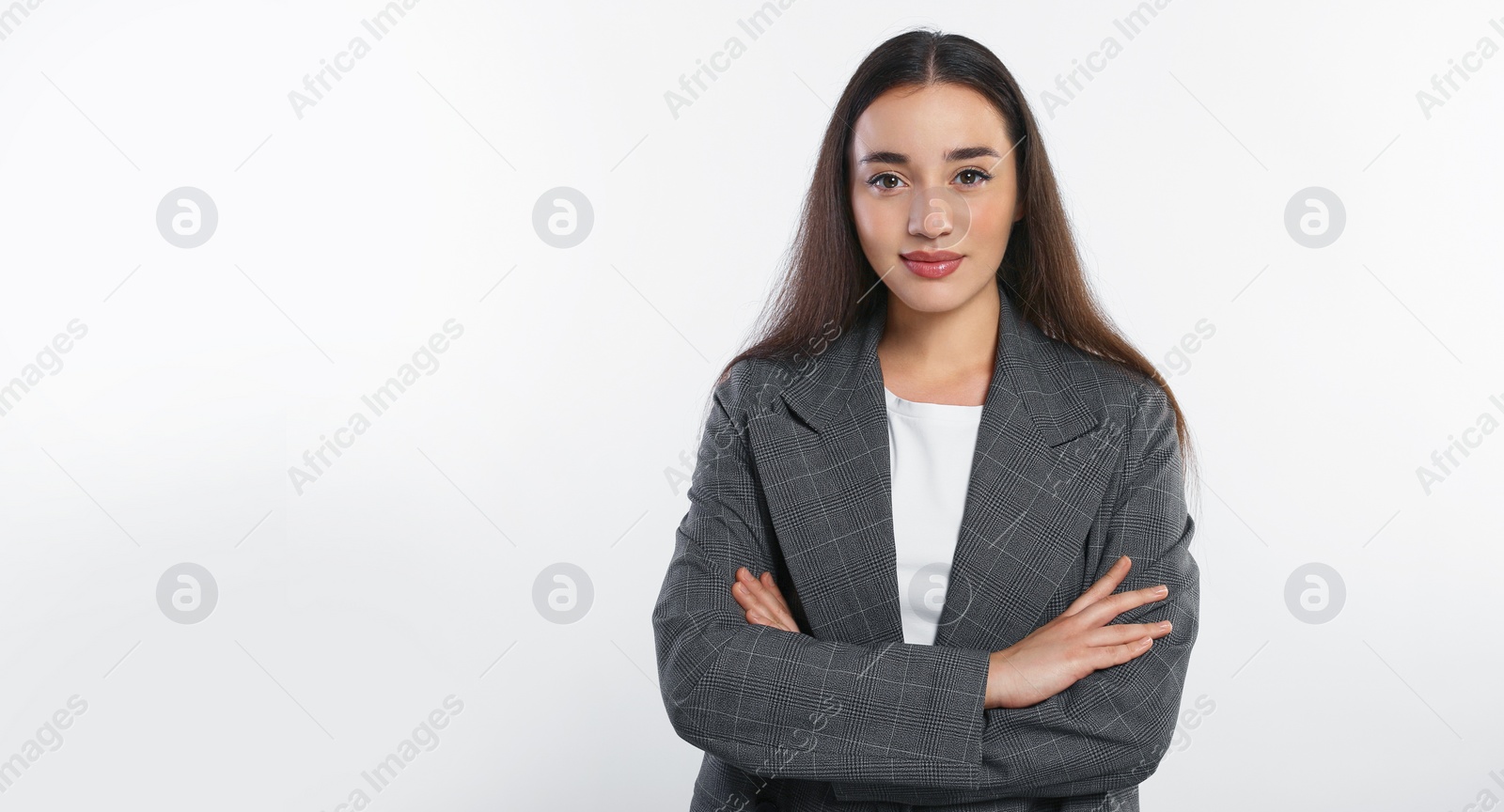 Image of Portrait of beautiful young woman on white background. Banner design with space for text