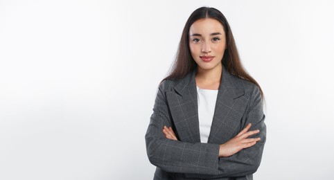 Image of Portrait of beautiful young woman on white background. Banner design with space for text