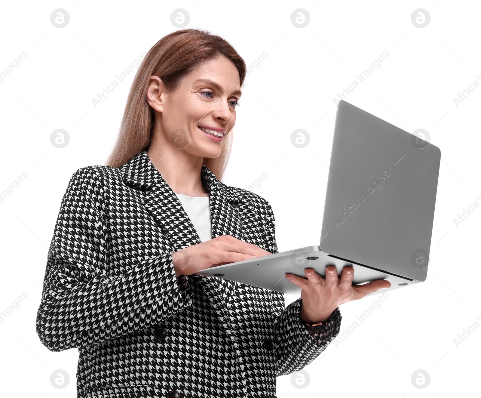 Photo of Beautiful happy businesswoman using laptop on white background