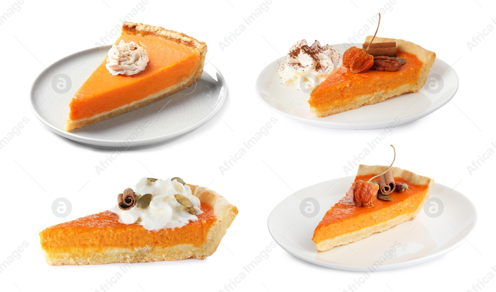 Image of Set of tasty pumpkin pie slices on white background