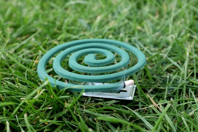 Smouldering insect repellent coil on grass outdoors