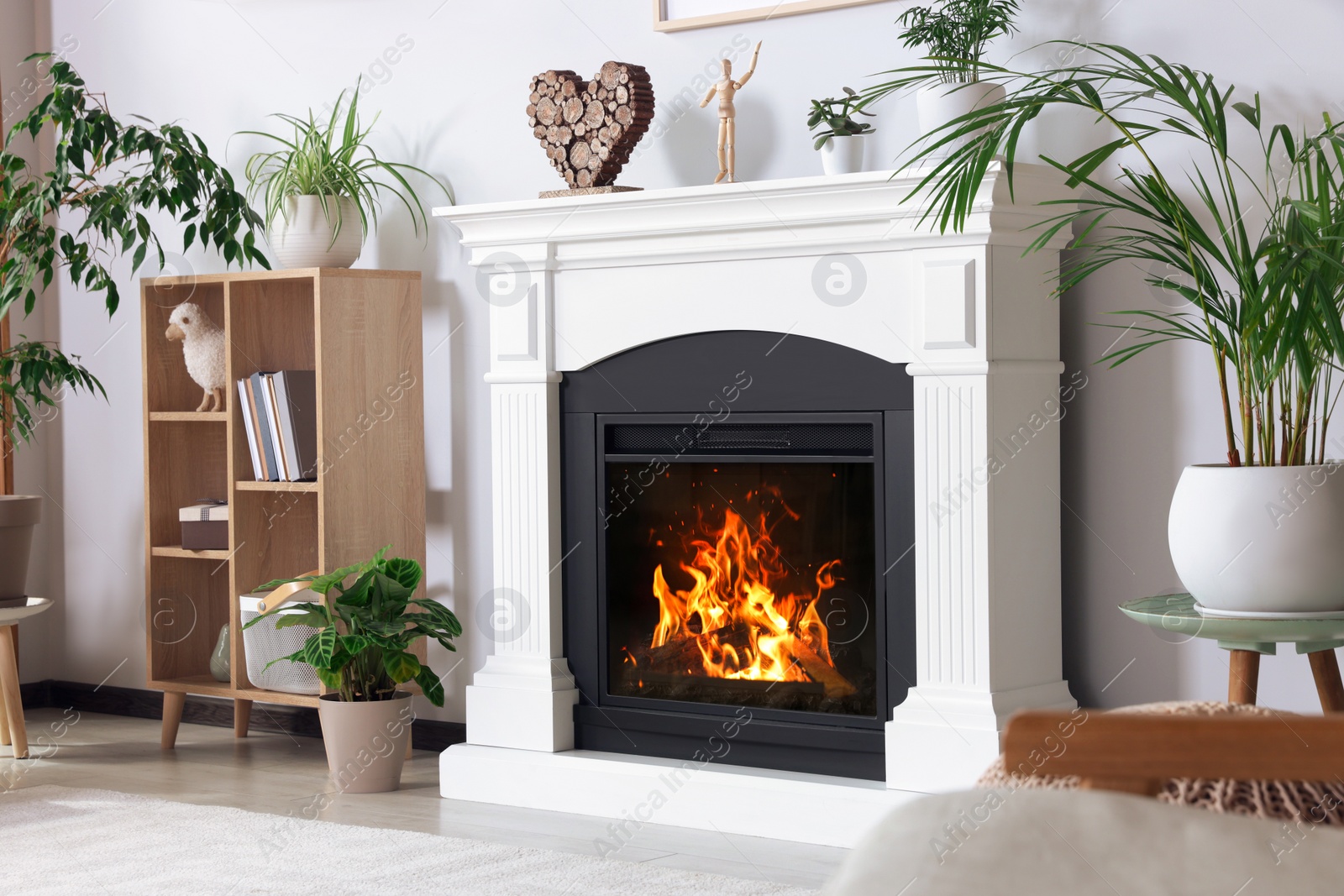 Photo of Stylish living room interior with fireplace, cabinet and houseplants