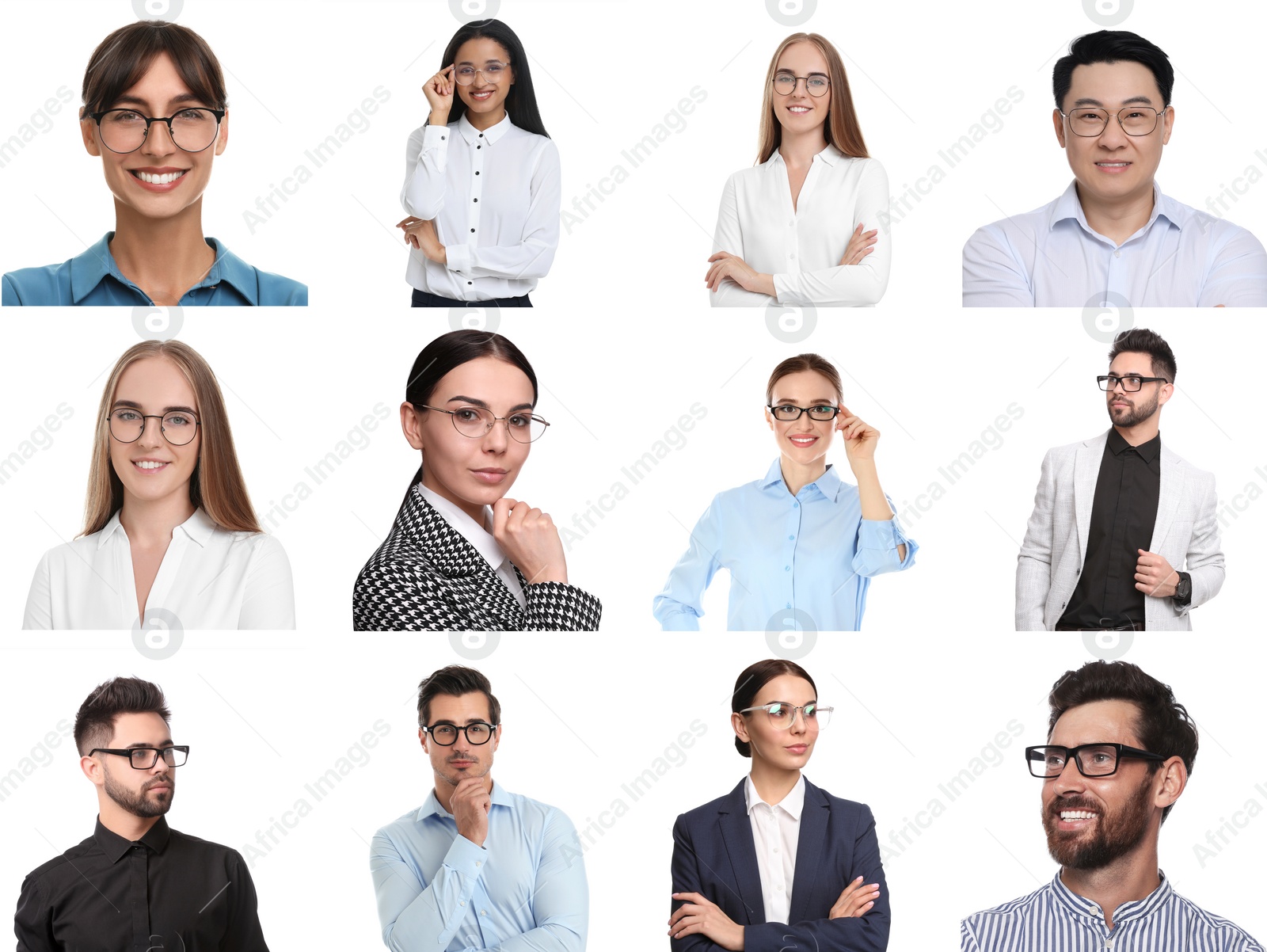 Image of Many people in glasses on white background, collection of photos