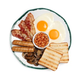 Photo of Plate with fried eggs, sausages, mushrooms, beans, bacon and toasts isolated on white, top view. Traditional English breakfast