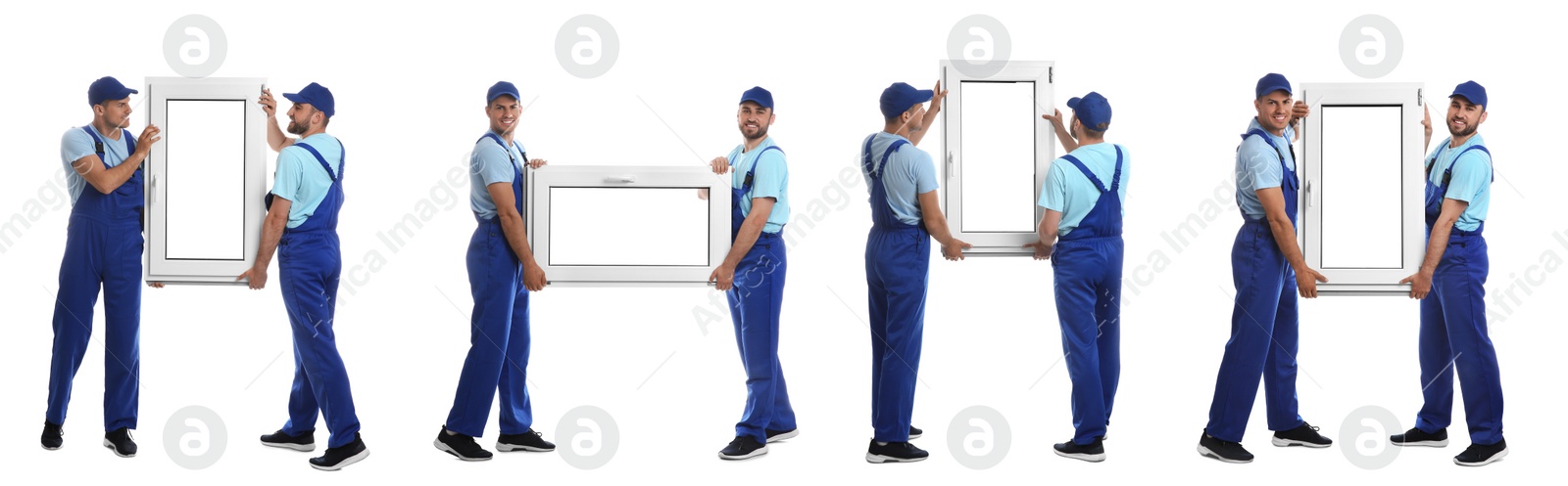 Image of Workers with plastic window on white background, collage. Installation service