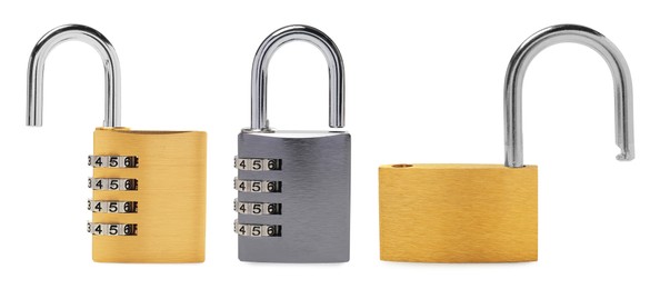 Image of Different padlocks isolated on white, set of photos