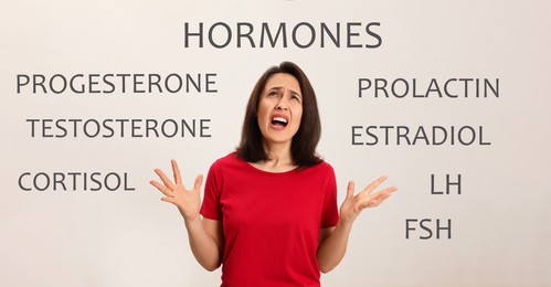 Image of Hormones imbalance. Annoyed mature woman and different words on light background, banner design