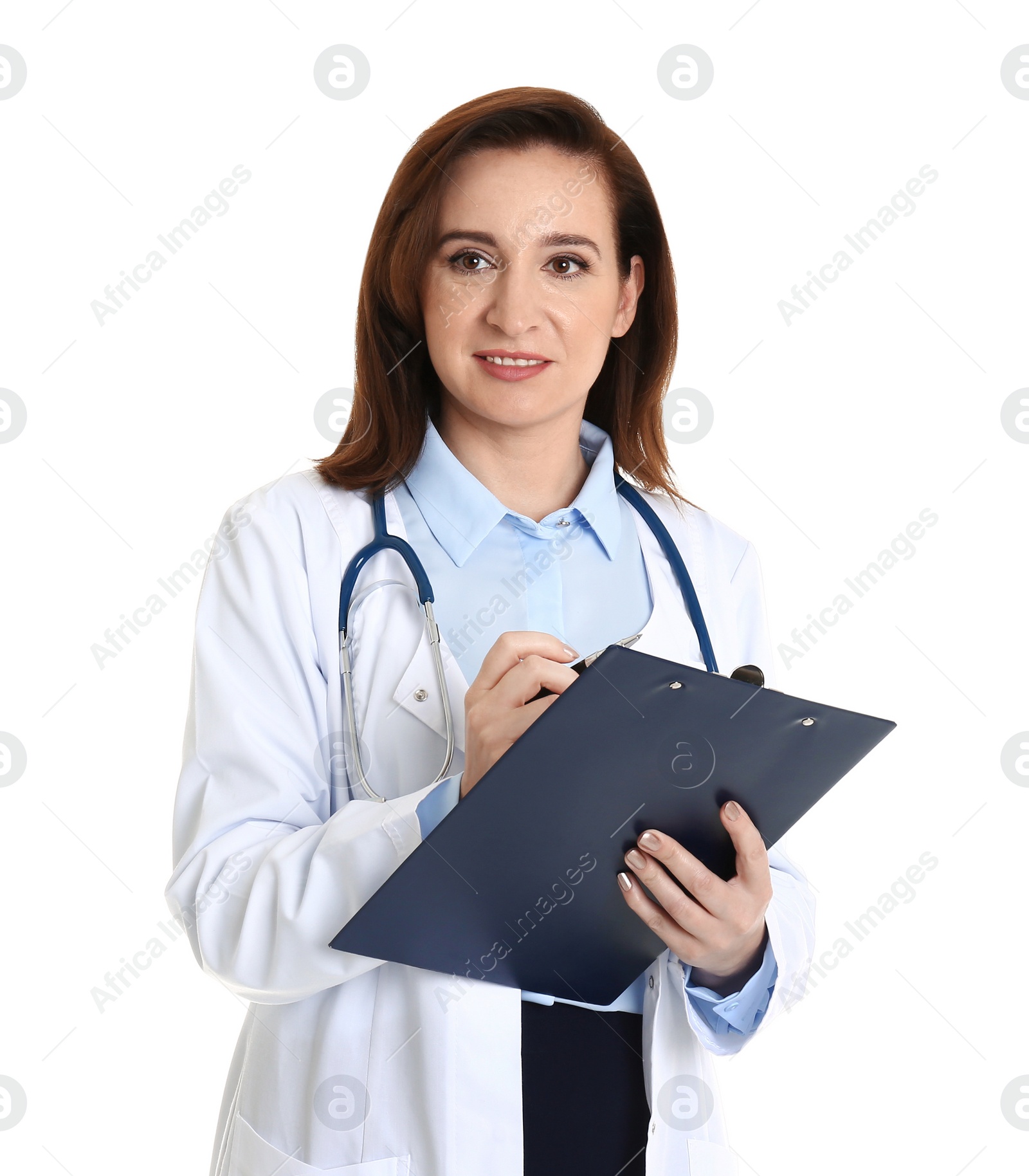 Photo of Portrait of experienced doctor in uniform on white background. Medical service