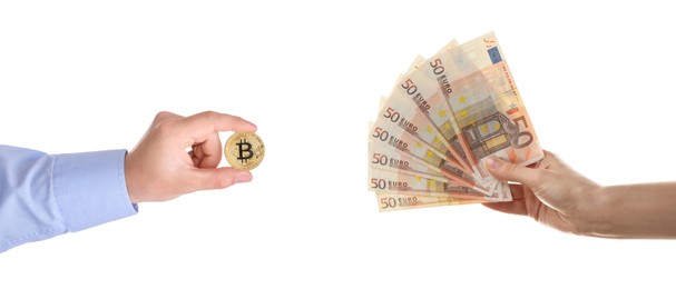 Cryptocurrency exchange. Woman holding euro banknotes and man with bitcoin on white background, closeup