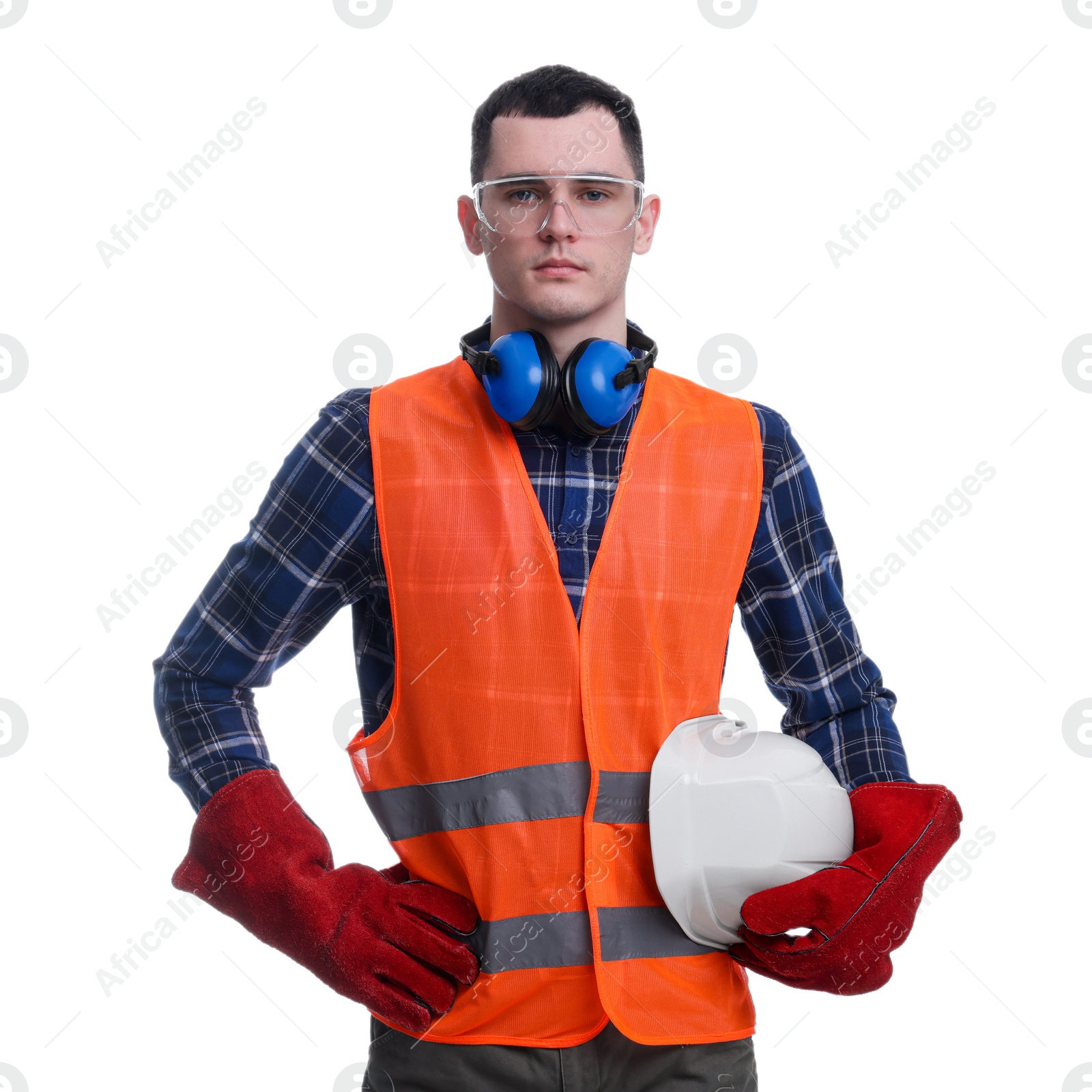 Photo of Young man wearing safety equipment on white background