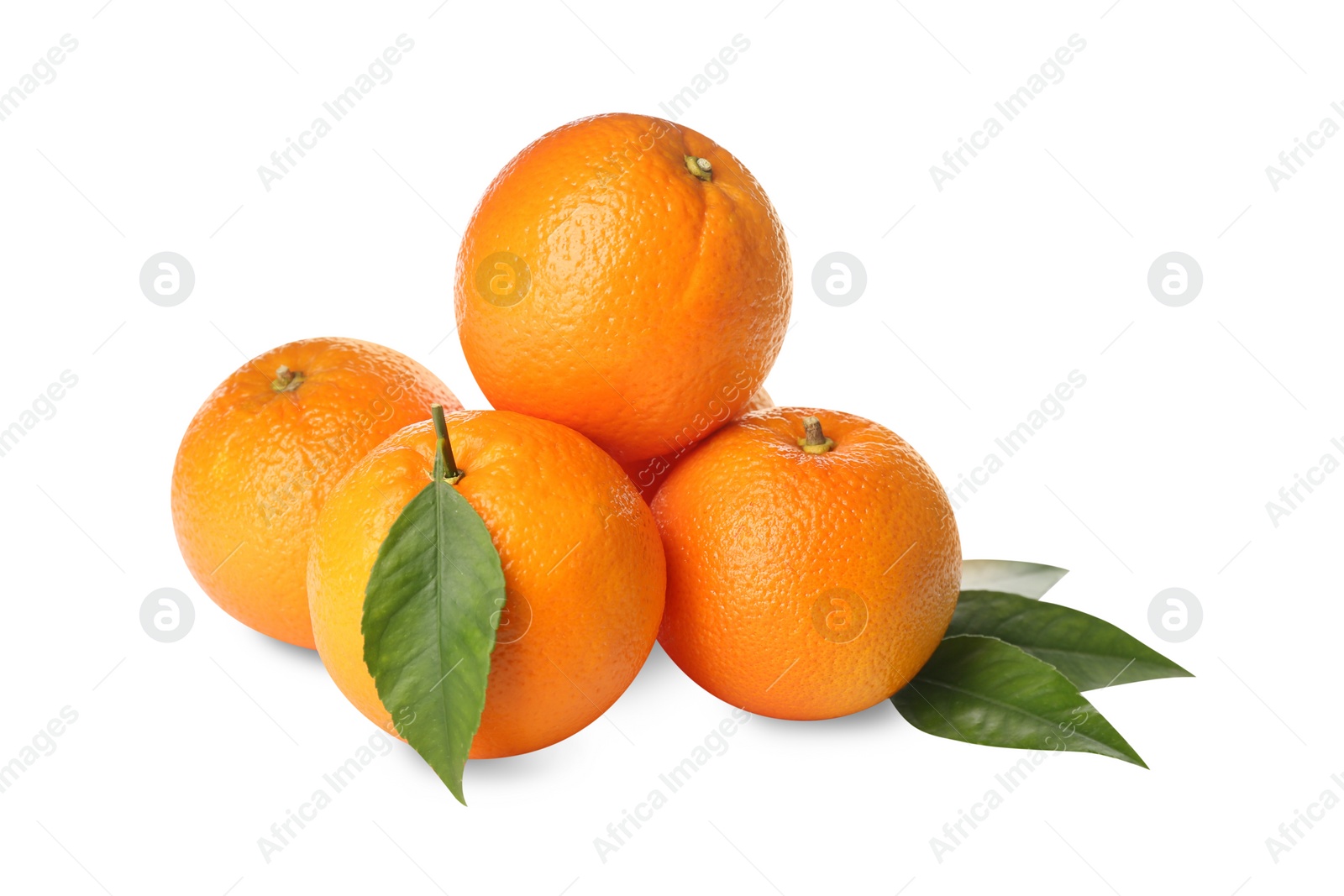 Photo of Fresh ripe oranges with green leaves on white background