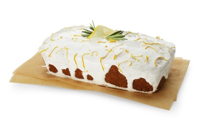 Tasty lemon cake with glaze isolated on white